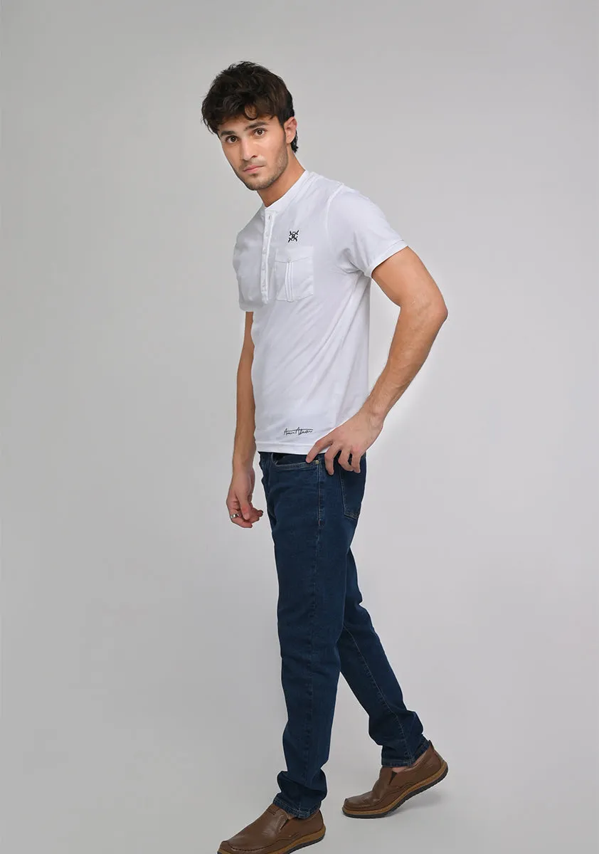 Basic Jersey Henley Pocket White T-Shirt