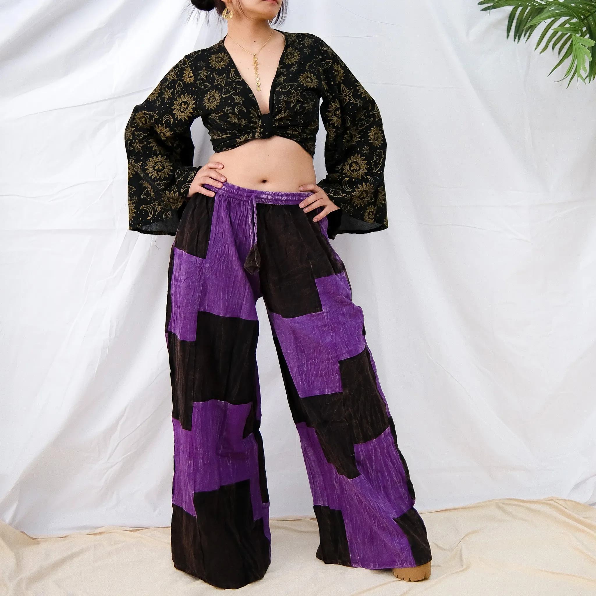 Earth tone Patchwork Checkered Wide Leg Pants