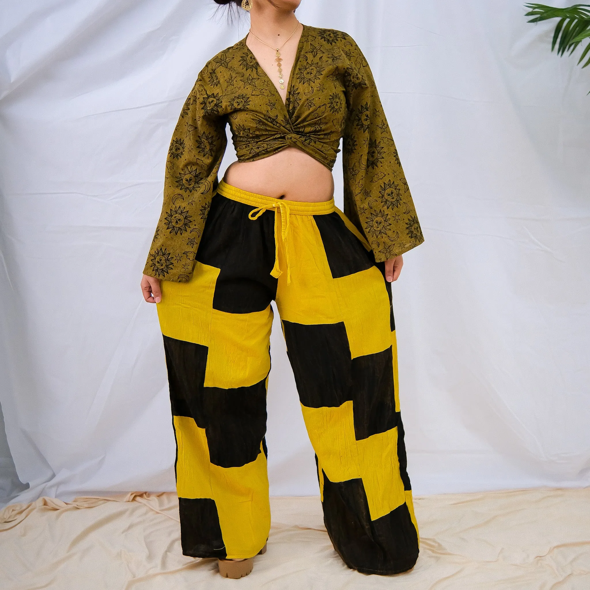 Earth tone Patchwork Checkered Wide Leg Pants