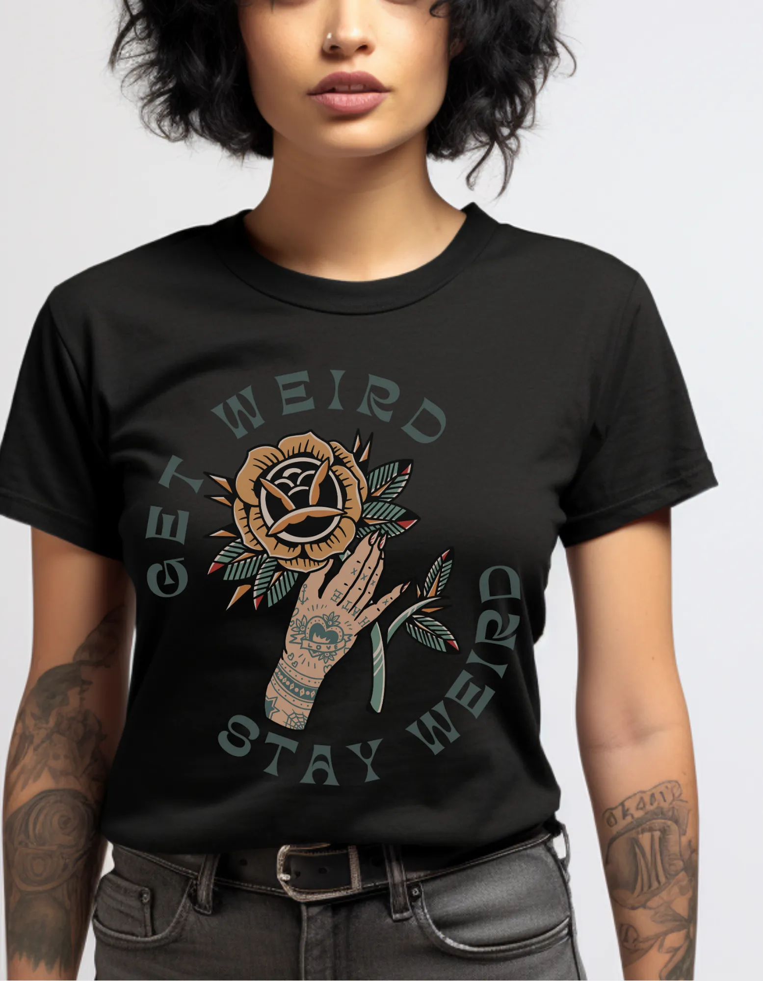 Get Weird Stay Weird Tattoo T-shirt / Tattooed Hand With Rose Unisex Vintage Traditional Tattoo Tee Shirt / Punk Rock Clothing Tshirt