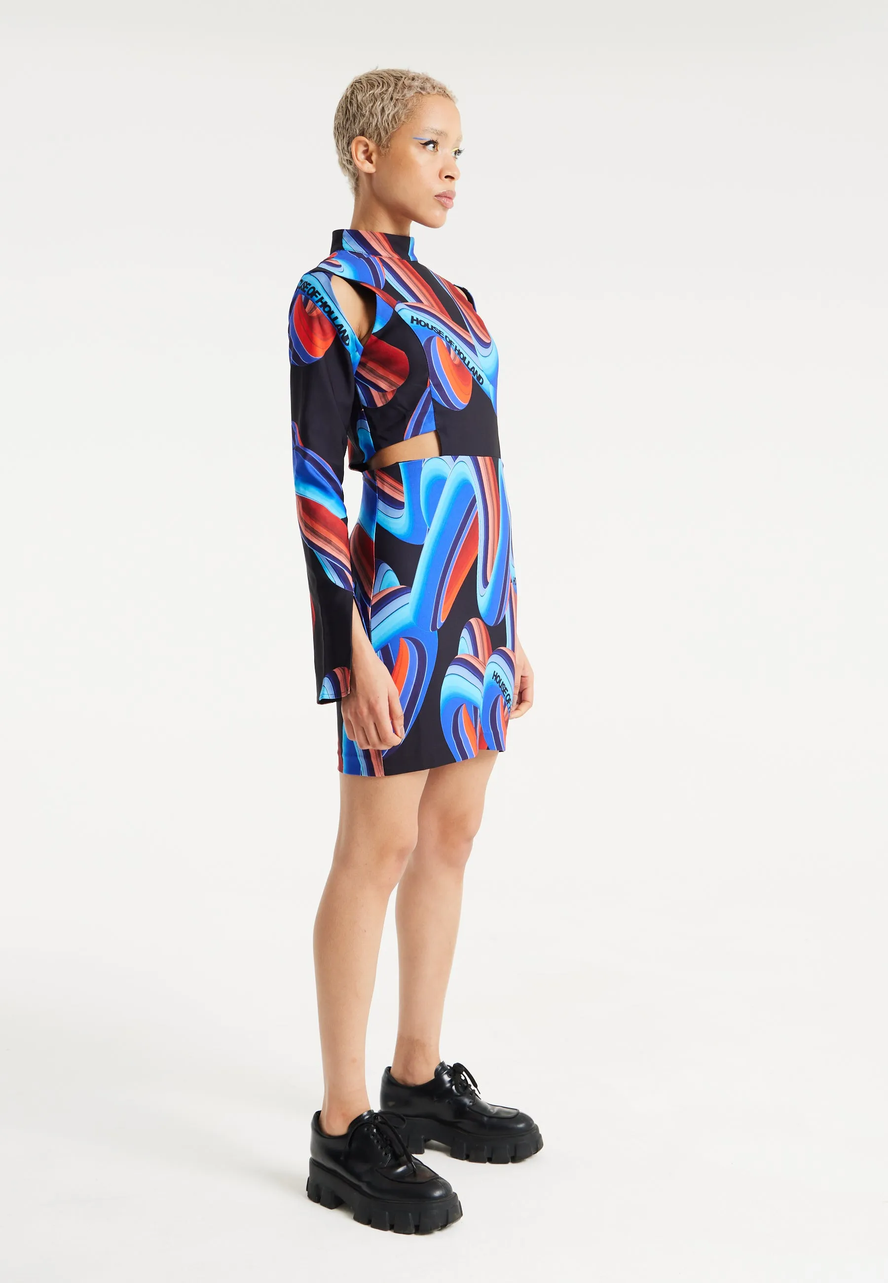 House Of Holland Abstract Print Mini Dress With Cut Out Details And Sleeve Slit