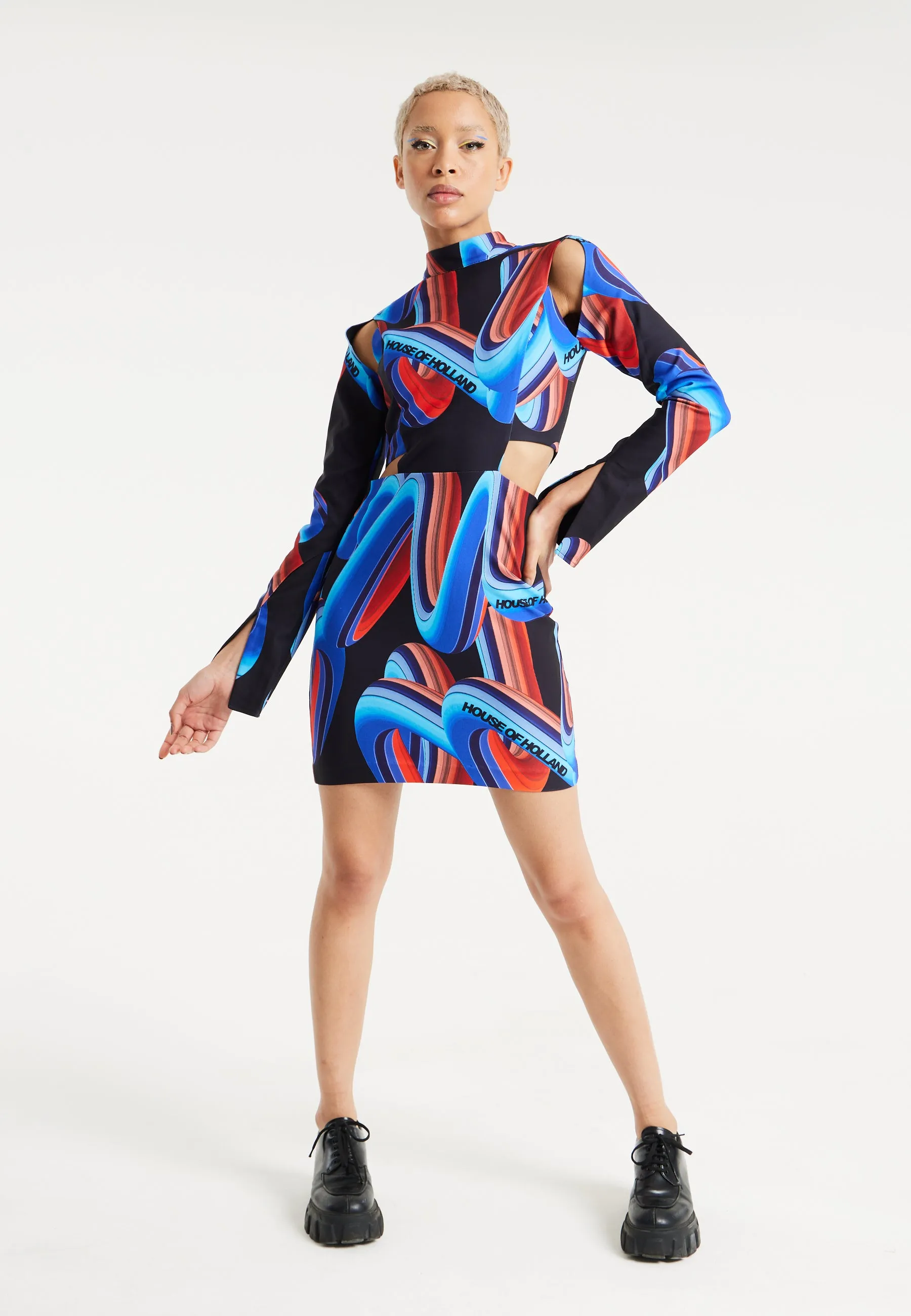 House Of Holland Abstract Print Mini Dress With Cut Out Details And Sleeve Slit