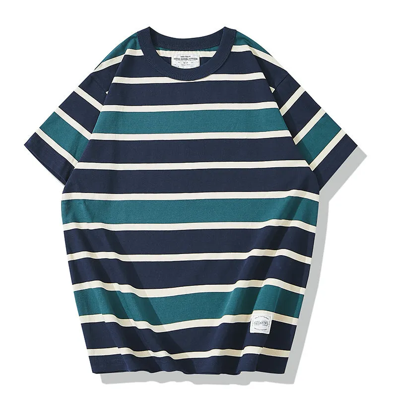 Men's casual retro pinstripe thickened Breton Top short-sleeved T-shirt