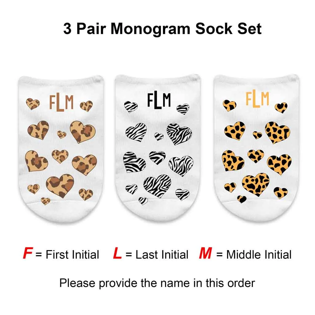 Personalized Monogram Socks with Animal Print Hearts in Gift Box