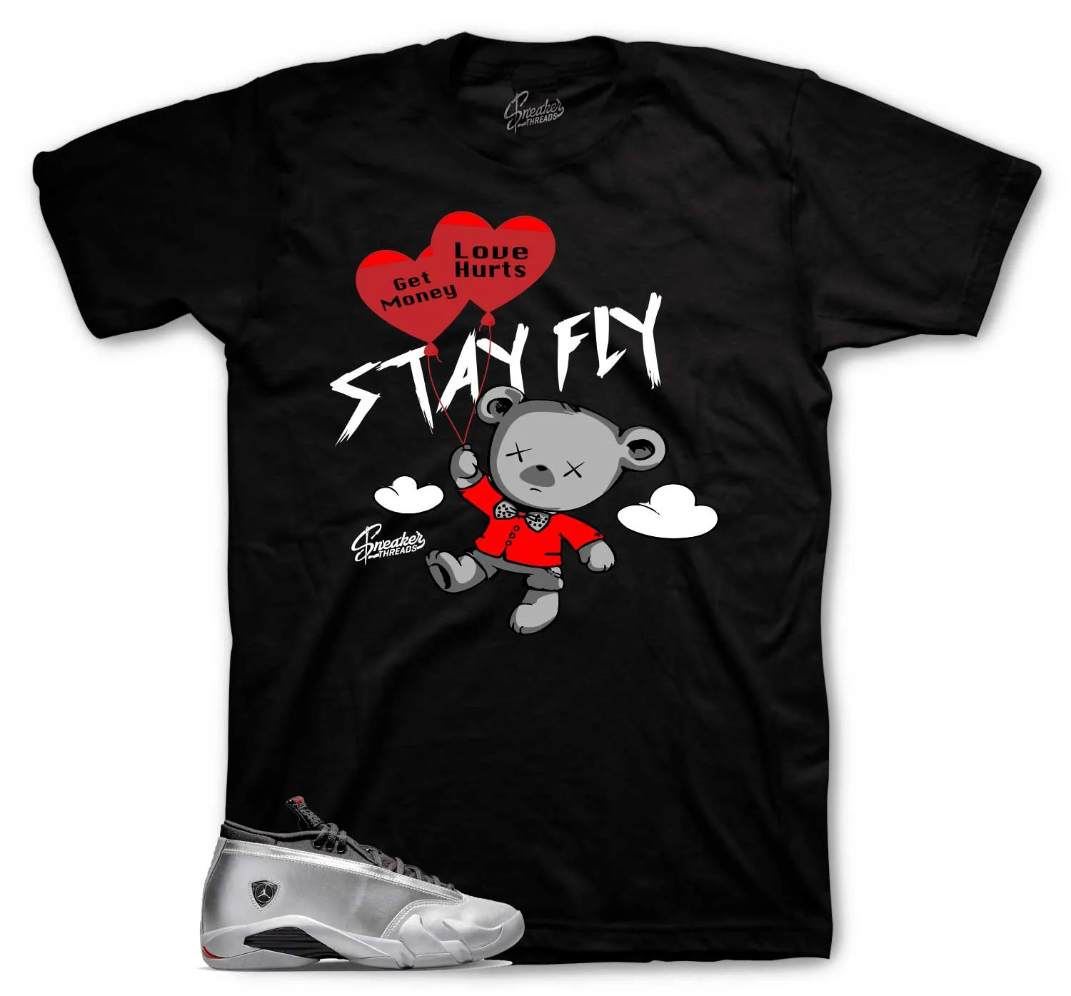 Retro 14 Metallic Silver Shirt - Money Over Love - Black