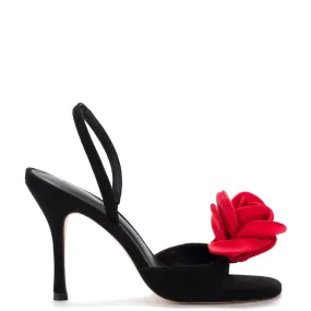 Salma Sandal In Black Suede and Scarlet Satin