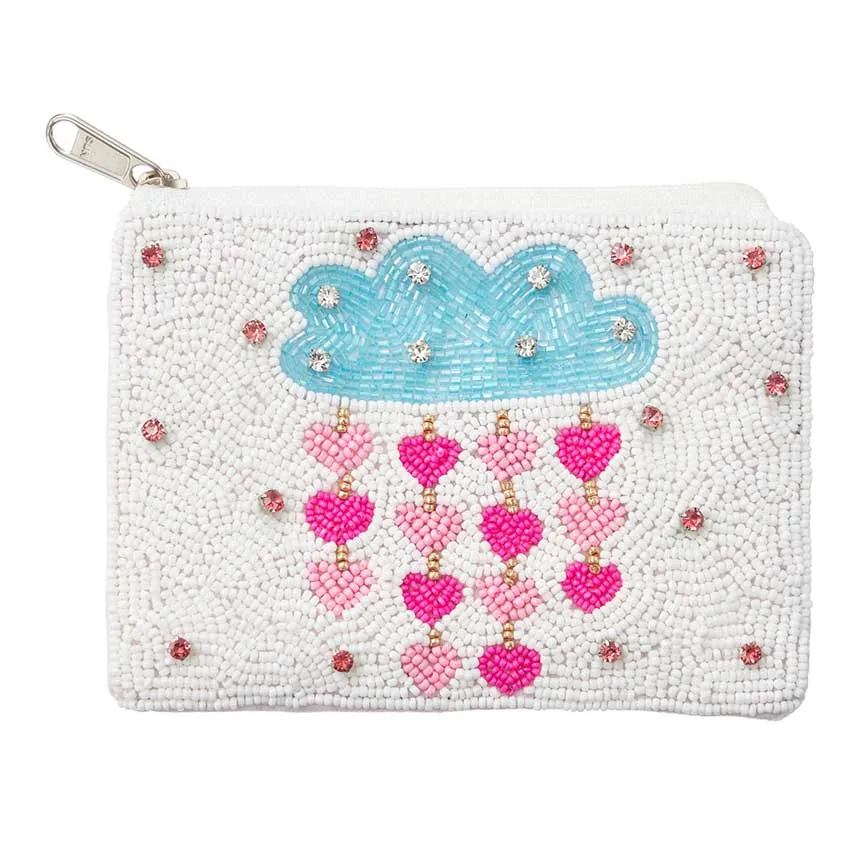 Stone Pointed Cloud Heart Rain Seed Beaded Mini Pouch Bag