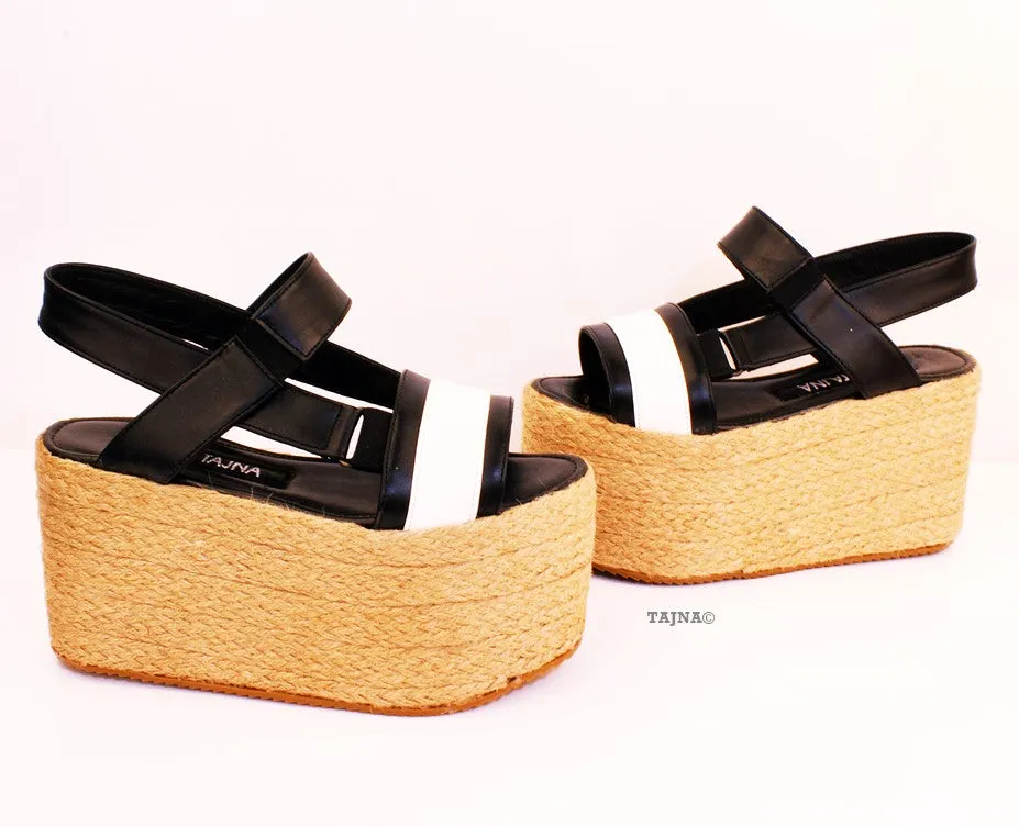 White Black Espadril Wedge Platform Sandals